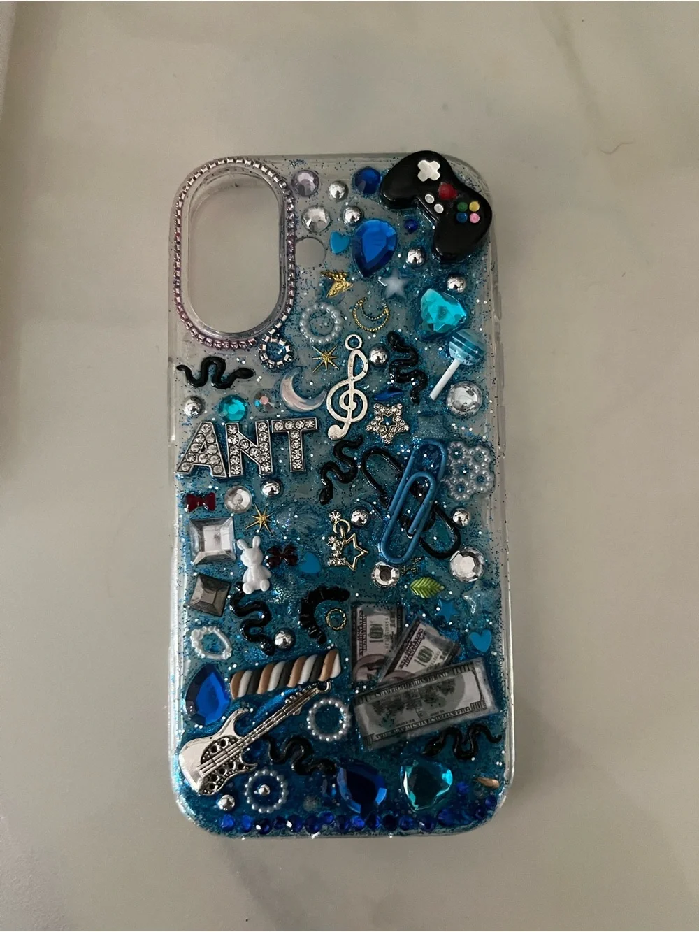 Apple Blue Glitter Deco Phone Case with Music & Game Charms